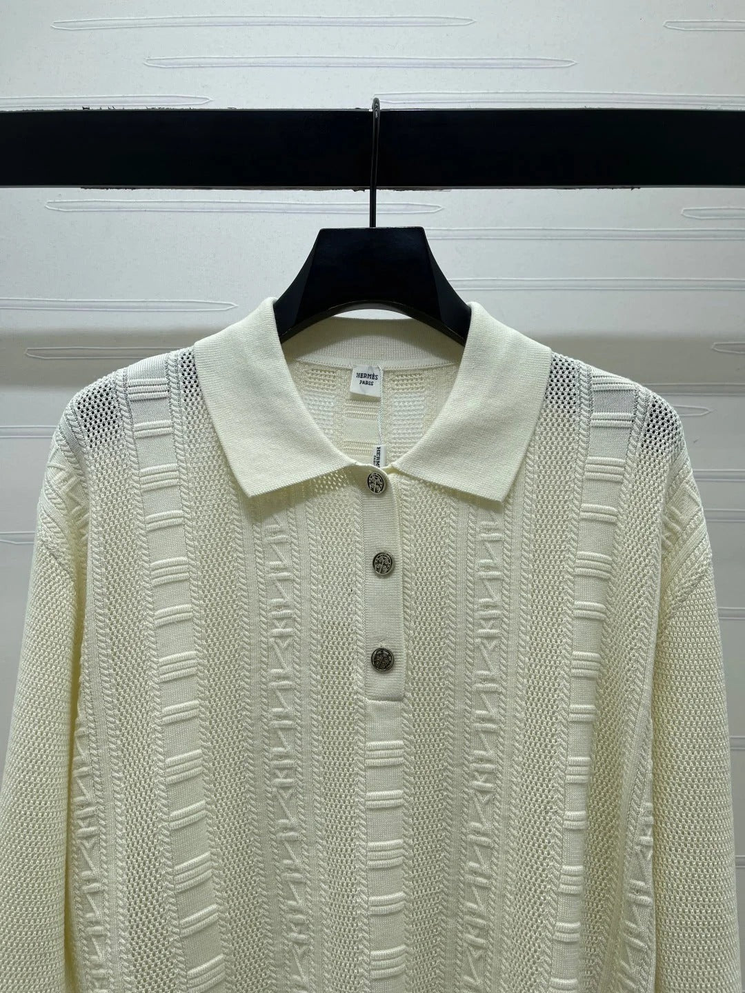 Hermes 2026 Collared Knit Long-Sleeve Top Cream Tencel Cotton 413333