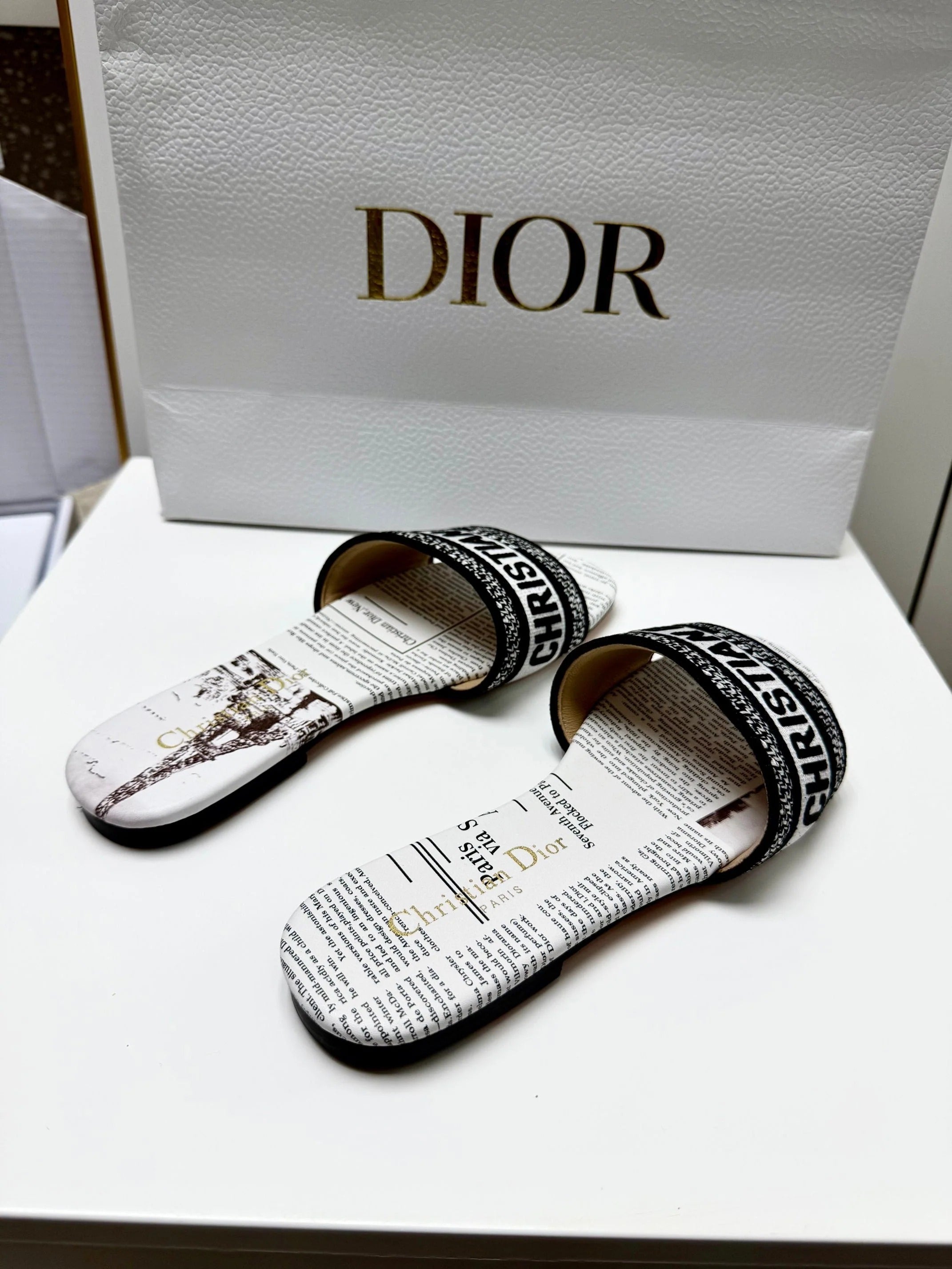 CD 26s Embroidered Slippers Black White Canvas Leather 683019