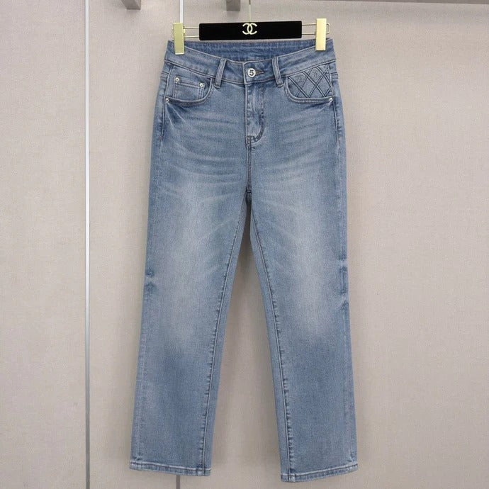 Chanel 2026 Straight-leg Jeans With Rhinestone Quilted Pockets Blue Cotton 377049