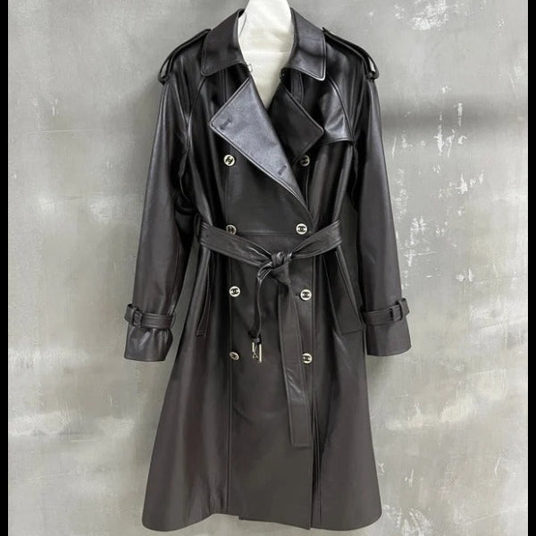 CC Double-breasted Trench Coat With Belt Dark Brown Calfskin