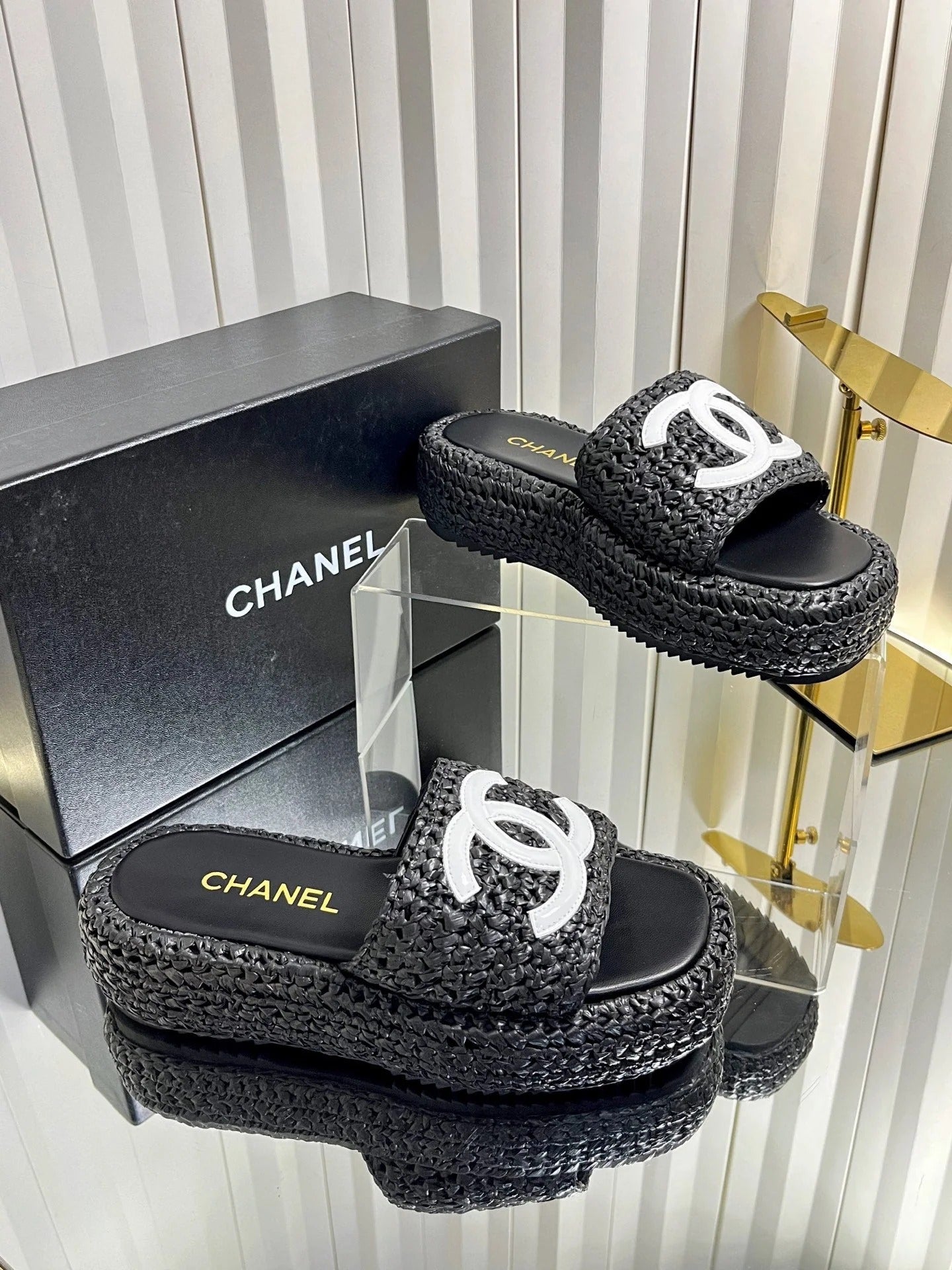 Chanel 2026 Crochet CC Platform Slide Sandals 40mm Raffia Leather 767882