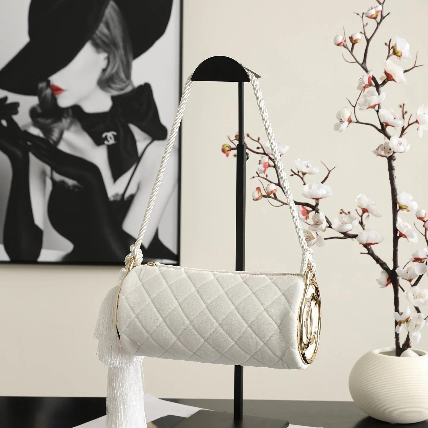 Chanel 2026 Clutch With Strap 23.5cm White Velvet Leather
