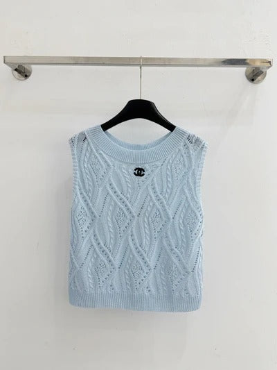 Chanel 2026 Hollow-Out Knitted Vest Blue and White Wool 336792
