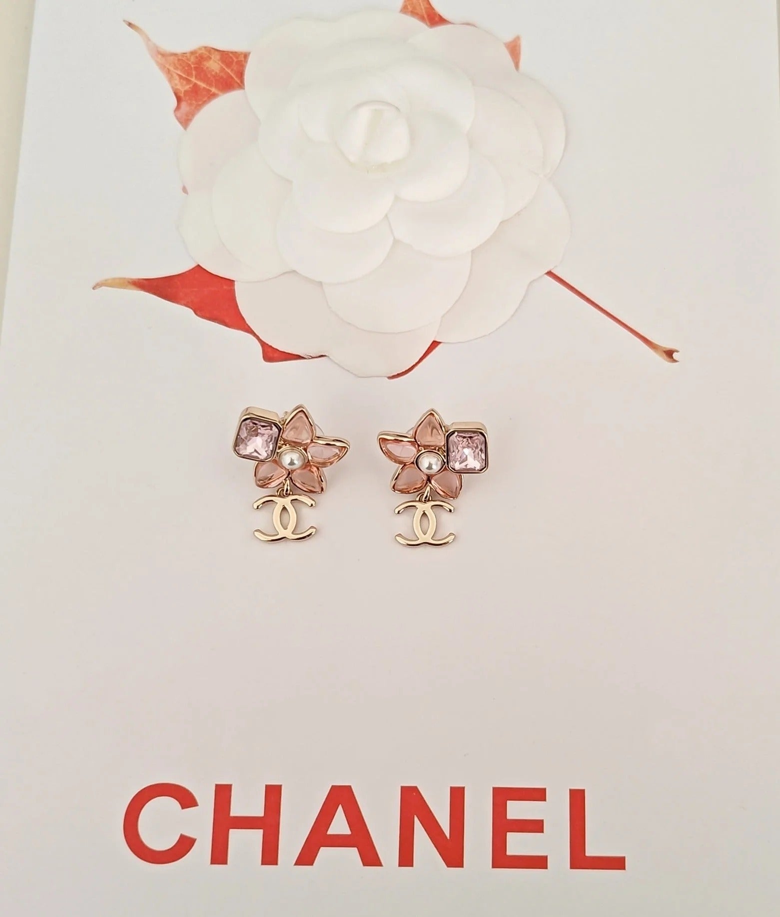 CC Double C Pink Flower Light Gold Earrings