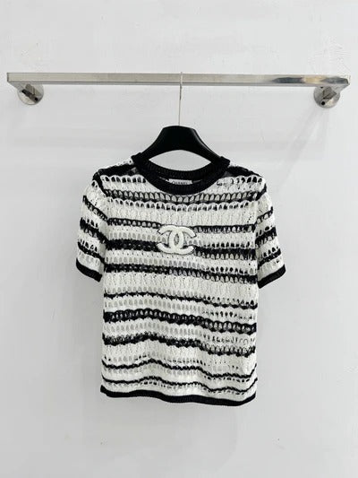 Chanel 2026 Black and White Striped Hollow-Out Knit Short-Sleeve Top Wool 330993