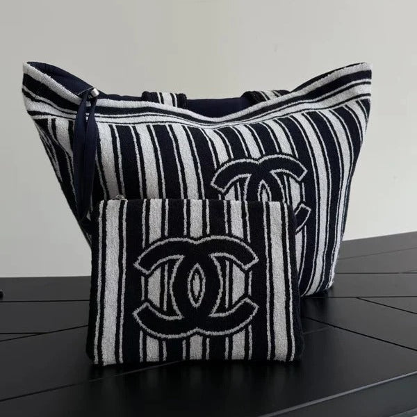 CC 26 Coco Beach Striped Tote Bag 35cm Blue and White Soft Towel Fabric