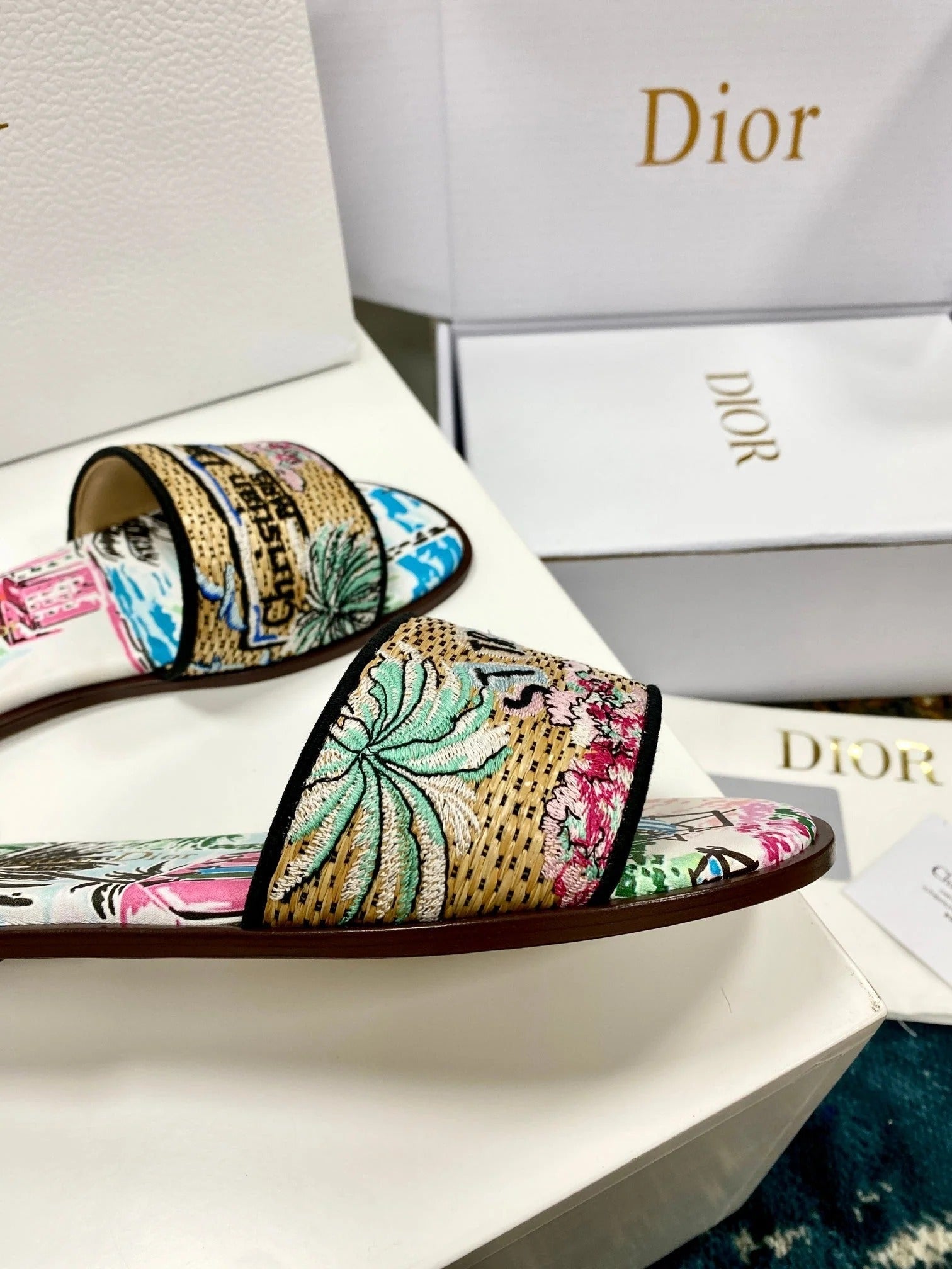 CD 26s Embroidered Sandals Blue Multicolor Canvas Leather 683006