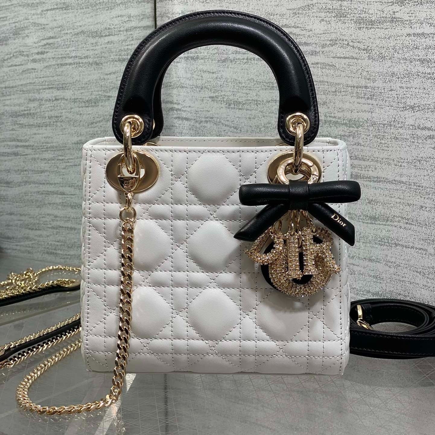 Dior 2026 Mini Lady Dior Bag White Black Lambskin 284137