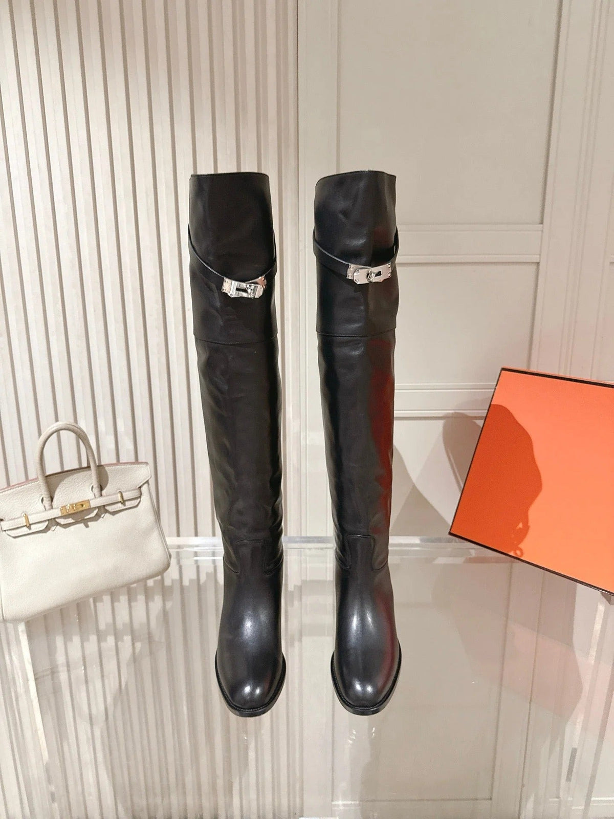 HM 2026 Over The Knee Boot Black Leather With Silver Buckle