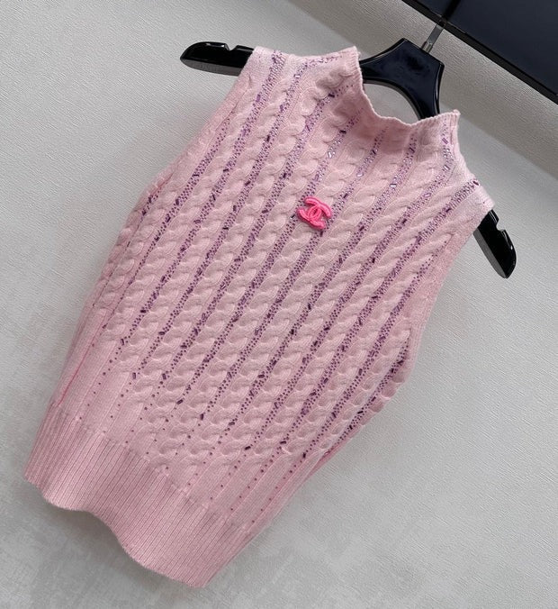 Chanel 2026 Rhinestone Stand Collar Knit Vest Wool Polyester 374938