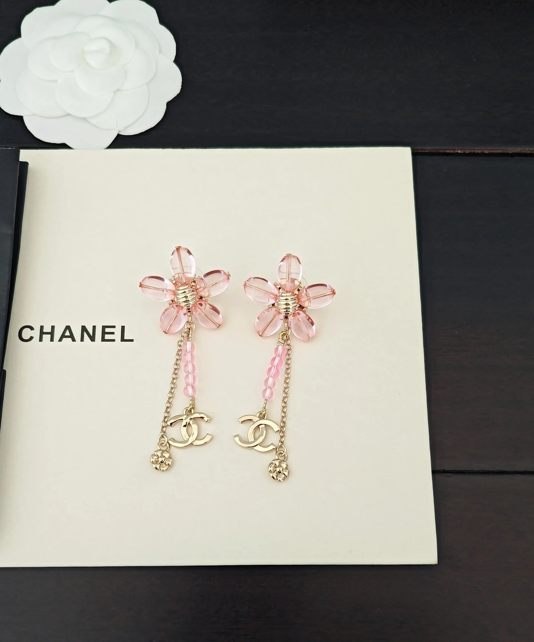 CC Double C Pink Olive Bead Flower Tassel Gold Earrings