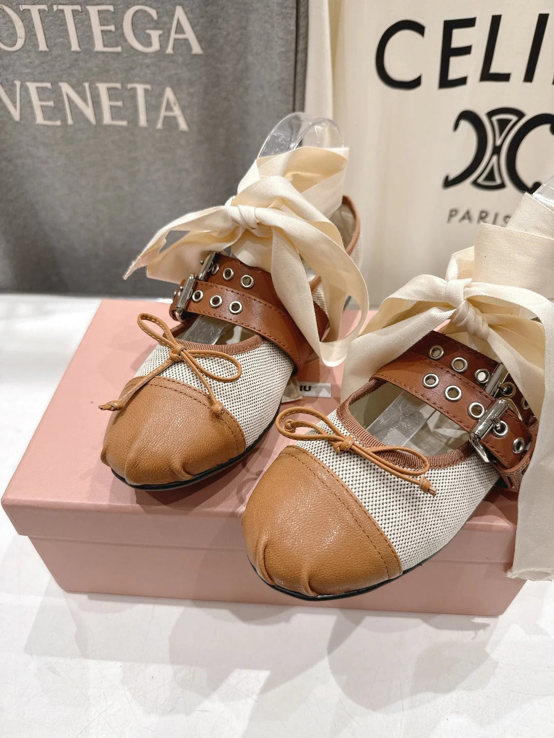 Miumiu 26ss Fairy Style Ballet Flats Satin Canvas Sheepskin
