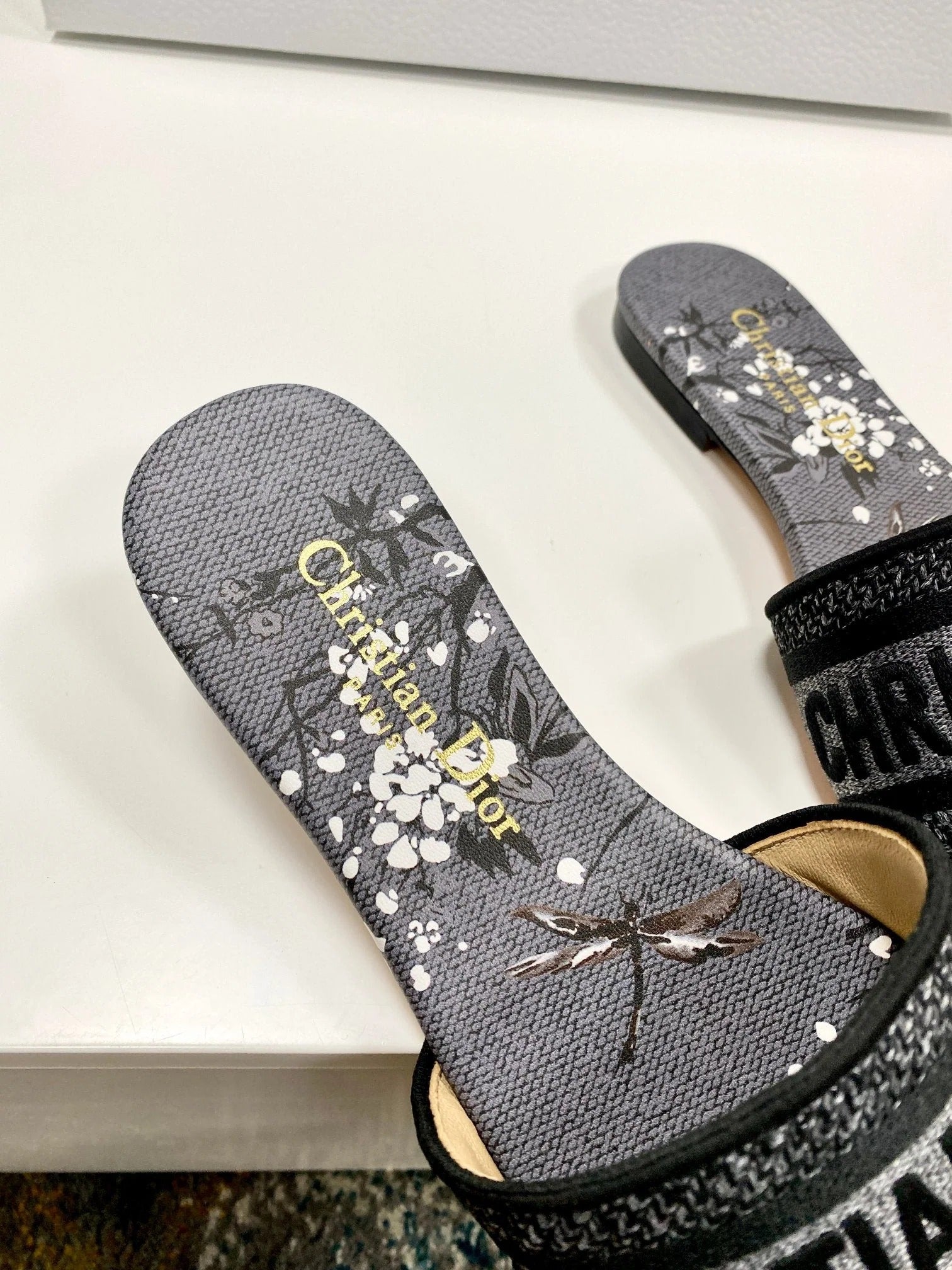 CD 26s Embroidered Sandals Gray Black Canvas Leather 683017