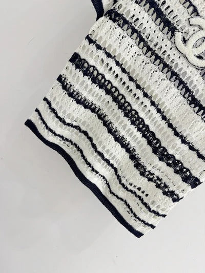 Chanel 2026 Black and White Striped Hollow-Out Knit Short-Sleeve Top Wool 330993