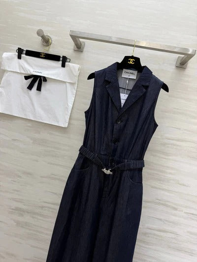 Chanel 2026 Clingy Sleeveless Denim Jumpsuit Blue Cotton 377394