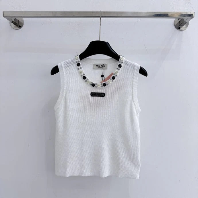 Miumiu 2026 Crew Neck Beaded Knit Vest Tencel Wool 375082