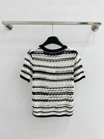 Chanel 2026 Black and White Striped Hollow-Out Knit Short-Sleeve Top Wool 330993
