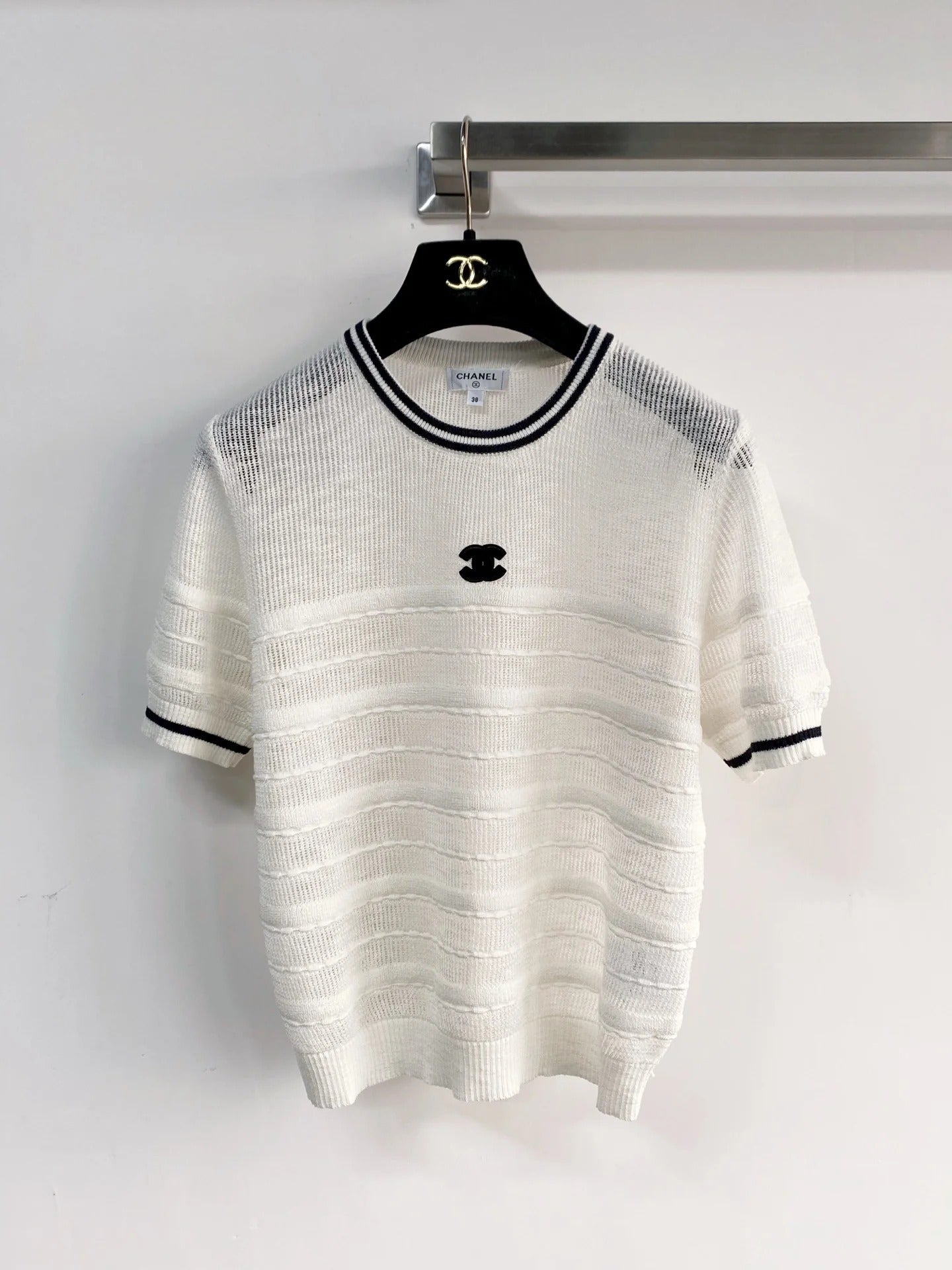 Chanel 2026 Short-sleeved Shirt Navy Blue White Tencel Cotton 166800