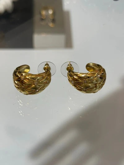 Chanel 2026 Gold Quilted Crystal Diamond Half-Hoop Earrings