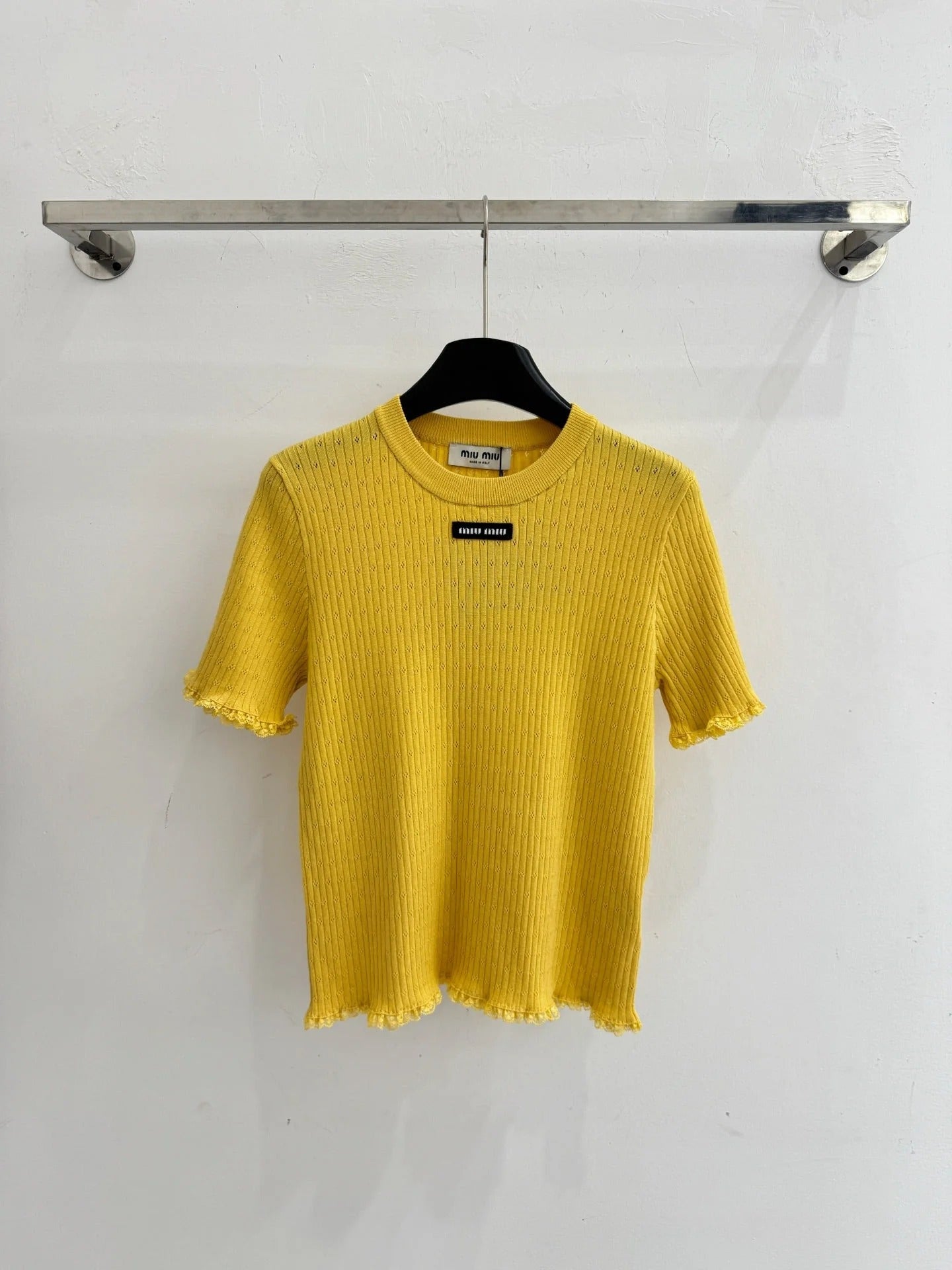 Miumiu 2026 Lace-trimmed Knit Short-sleeved Top Tencel Wool 179453