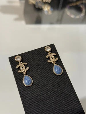 Chanel 2026 Light Gold Round Diamond Double C Teardrop Pendant Denim Earrings