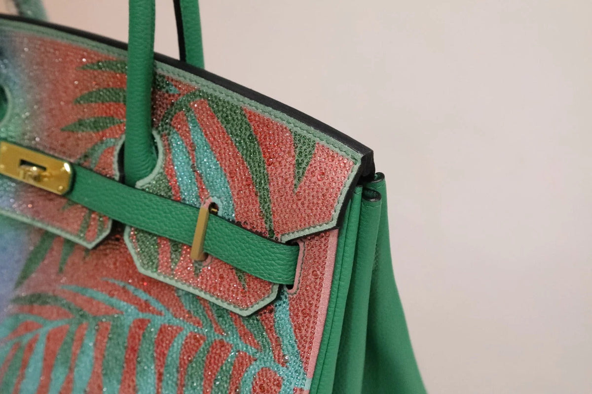High-end Hermes 2026 "Paradise" Swarovski Crystal Birkin 35cm Bag Vert Vertigo Togo Leather