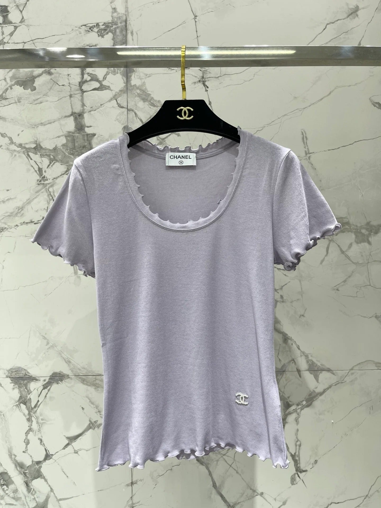 Chanel 2026 Scalloped Neckline T-shirt White Purple Gray Cotton