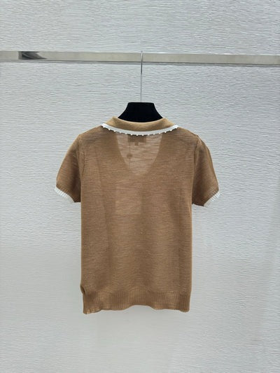 Chanel 2026 Collared Knit Short-sleeved Top Brown White Wool Cashmere 327316