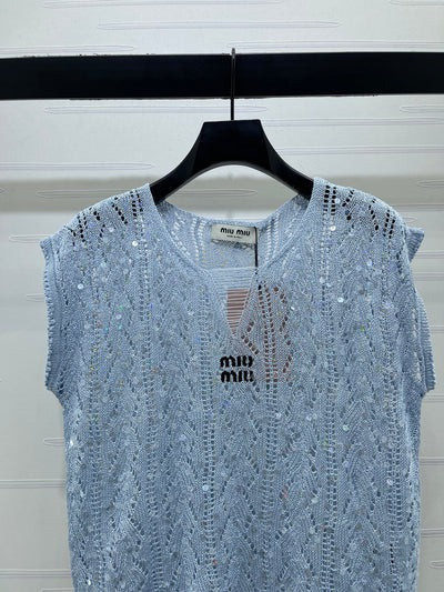 Miumiu 2026 Sequined Openwork Knit Short-Sleeve Top Wool 375034