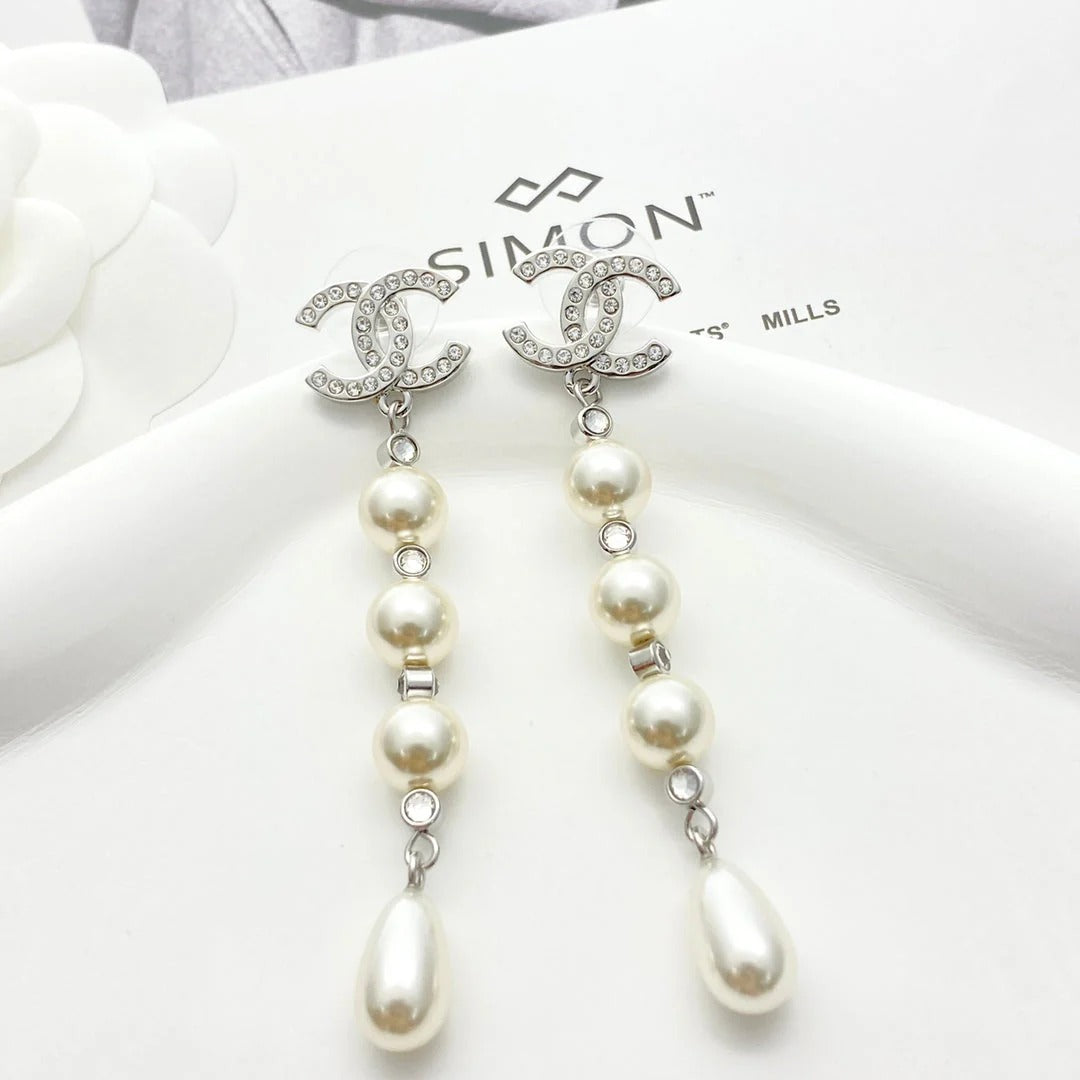CC Silver Rhinestone Double C Tassel Pearl Earrings