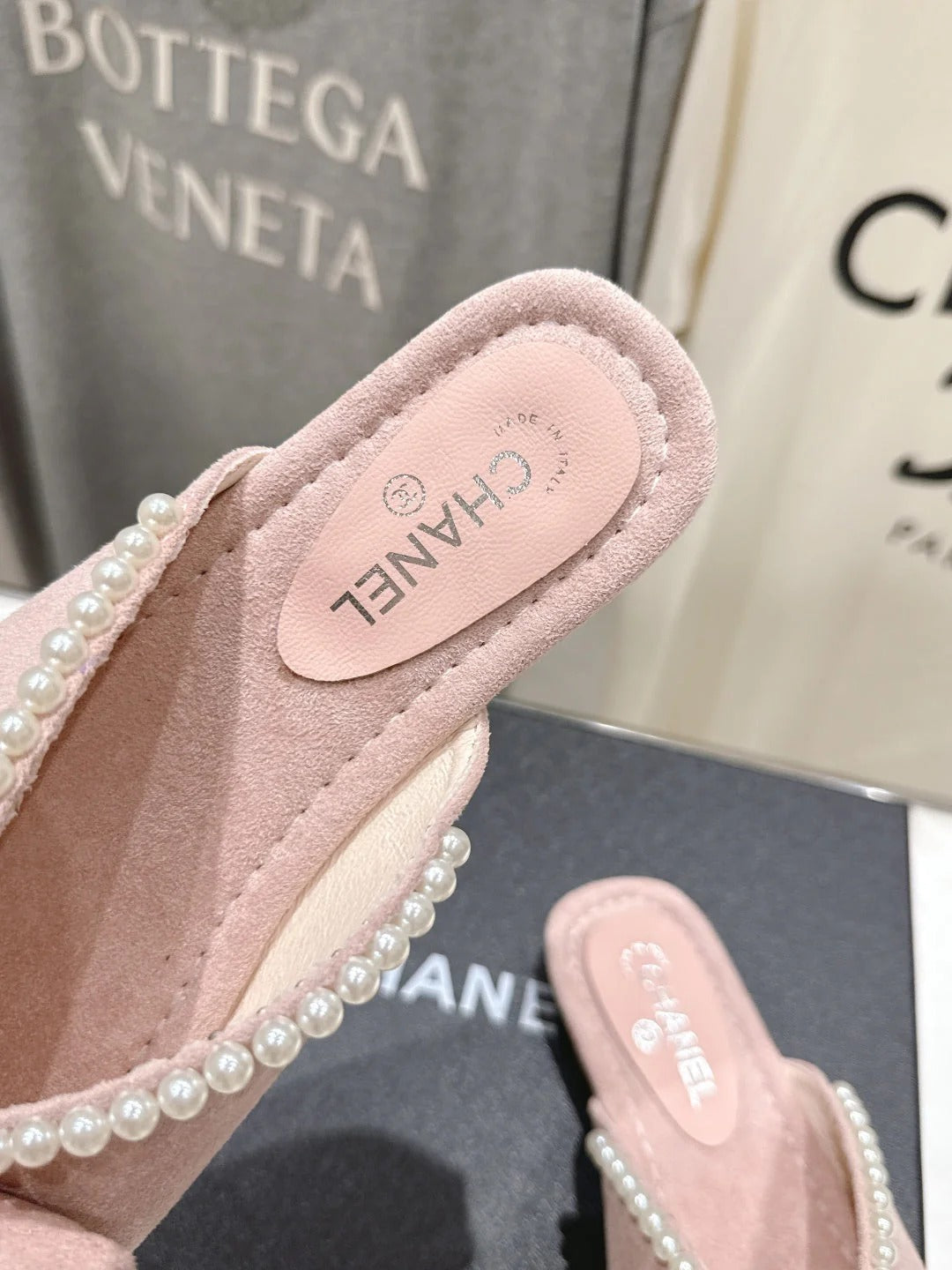 Chanel 2026 Pearl Bow Flat Slipper Suede Sheepskin 713038