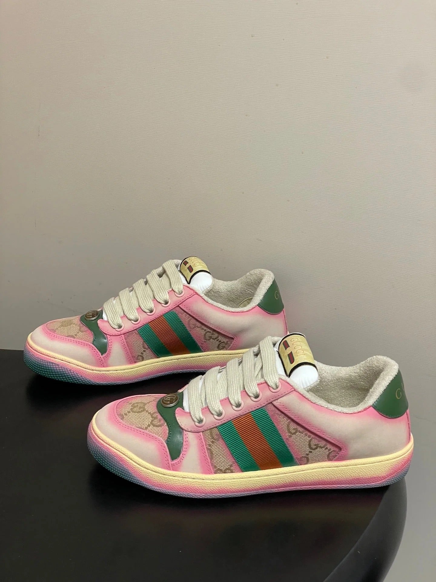 GG 26ss Screener Sneaker Beige Pink Green Fabric Calfskin 697903
