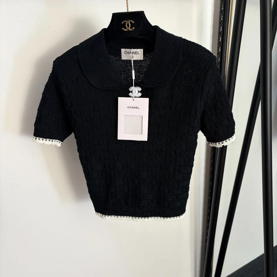 Chanel 2026 Pan Collar Knitted Short Sleeve Black Pink White Wool 120314