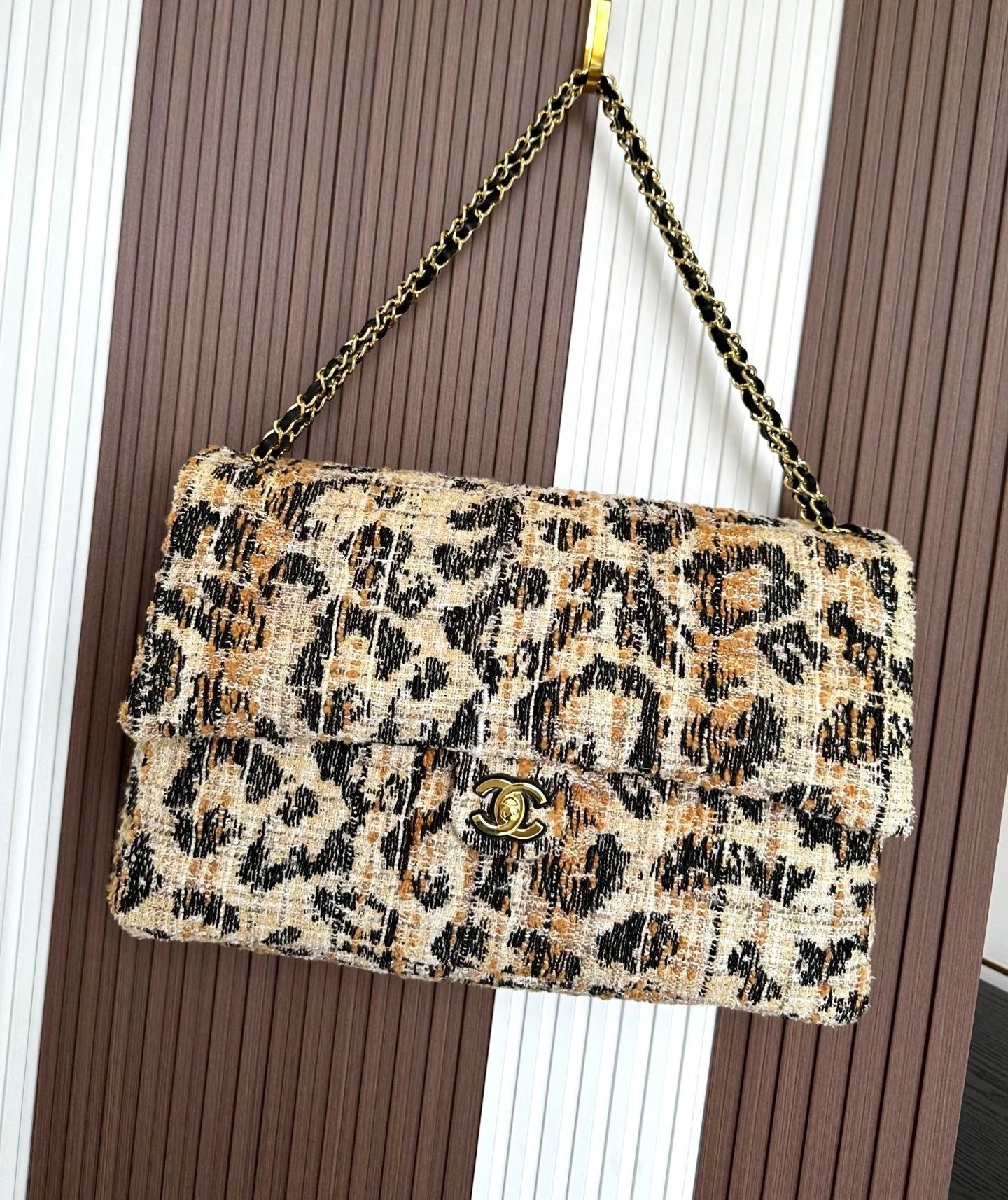 Chanel 2026 Leopard Print CF Maxi Flap Bag Tweed Leather