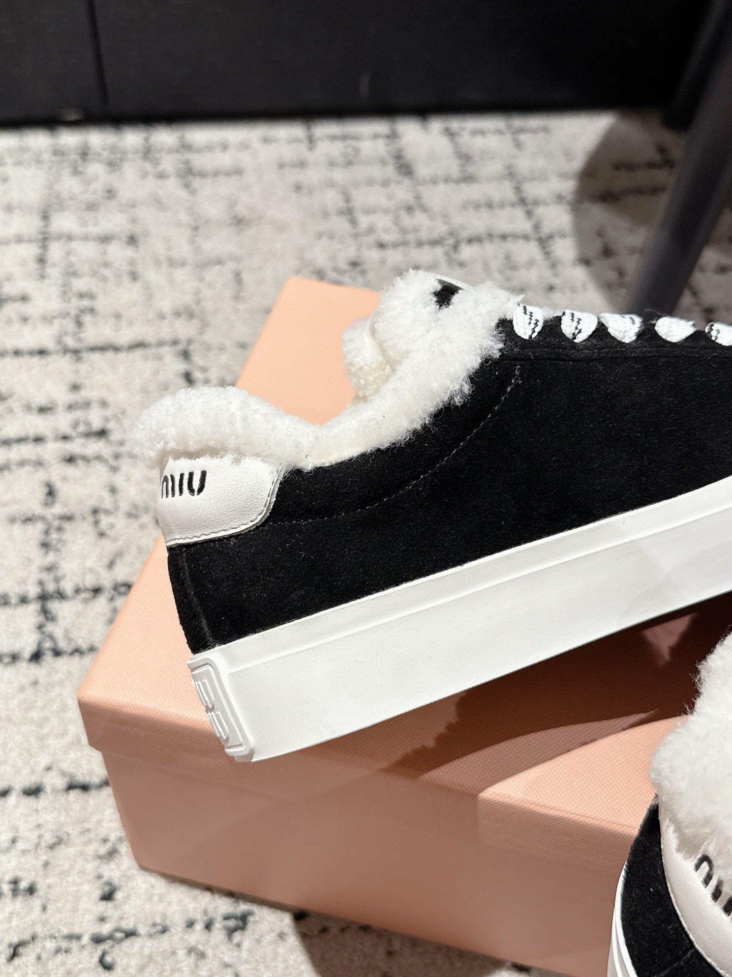 Miu 25 Small Bow Sneaker Black White Suede Wool 541919