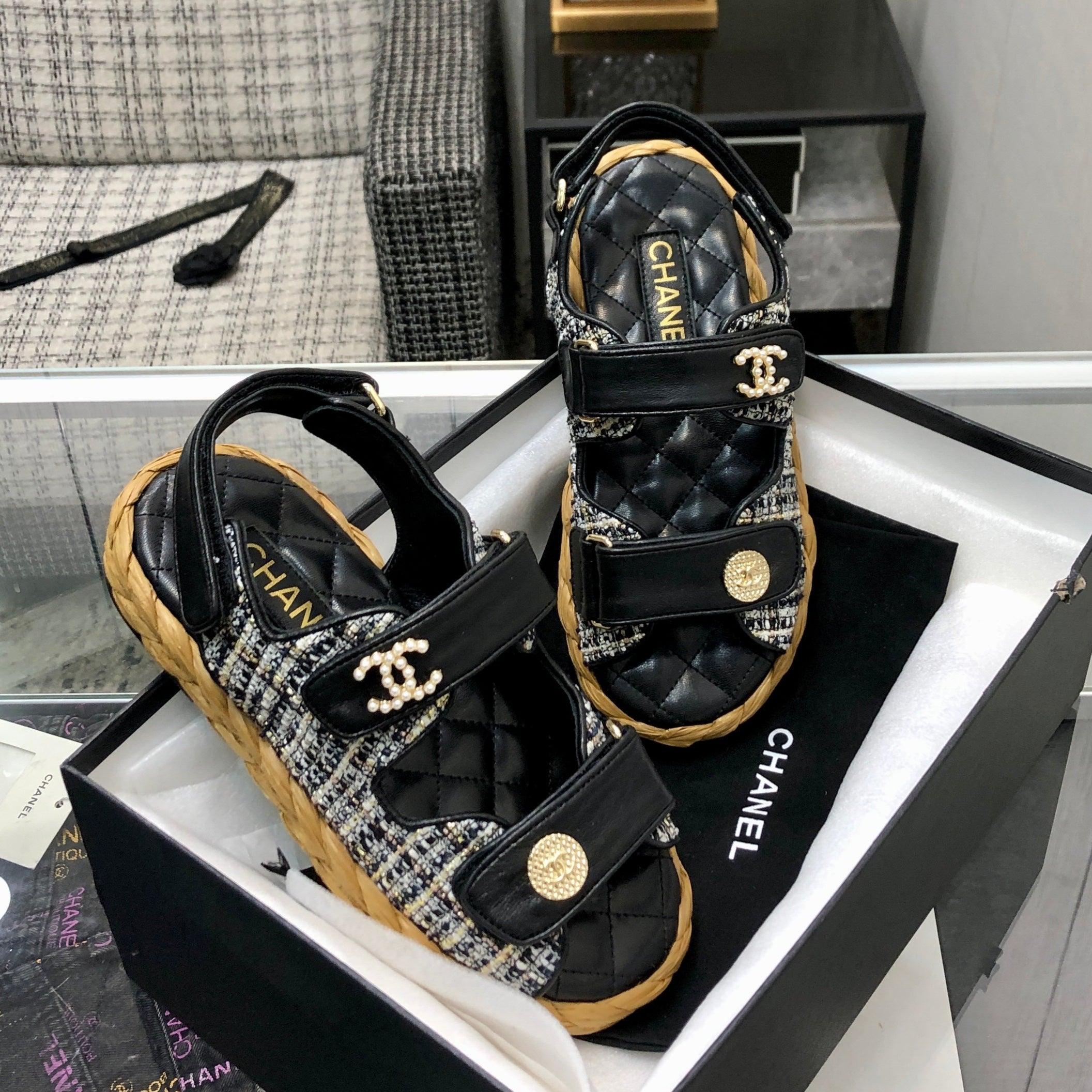 VELCRO SANDALS IN BLACK LAMBSKIN AND TWEED FABRIC