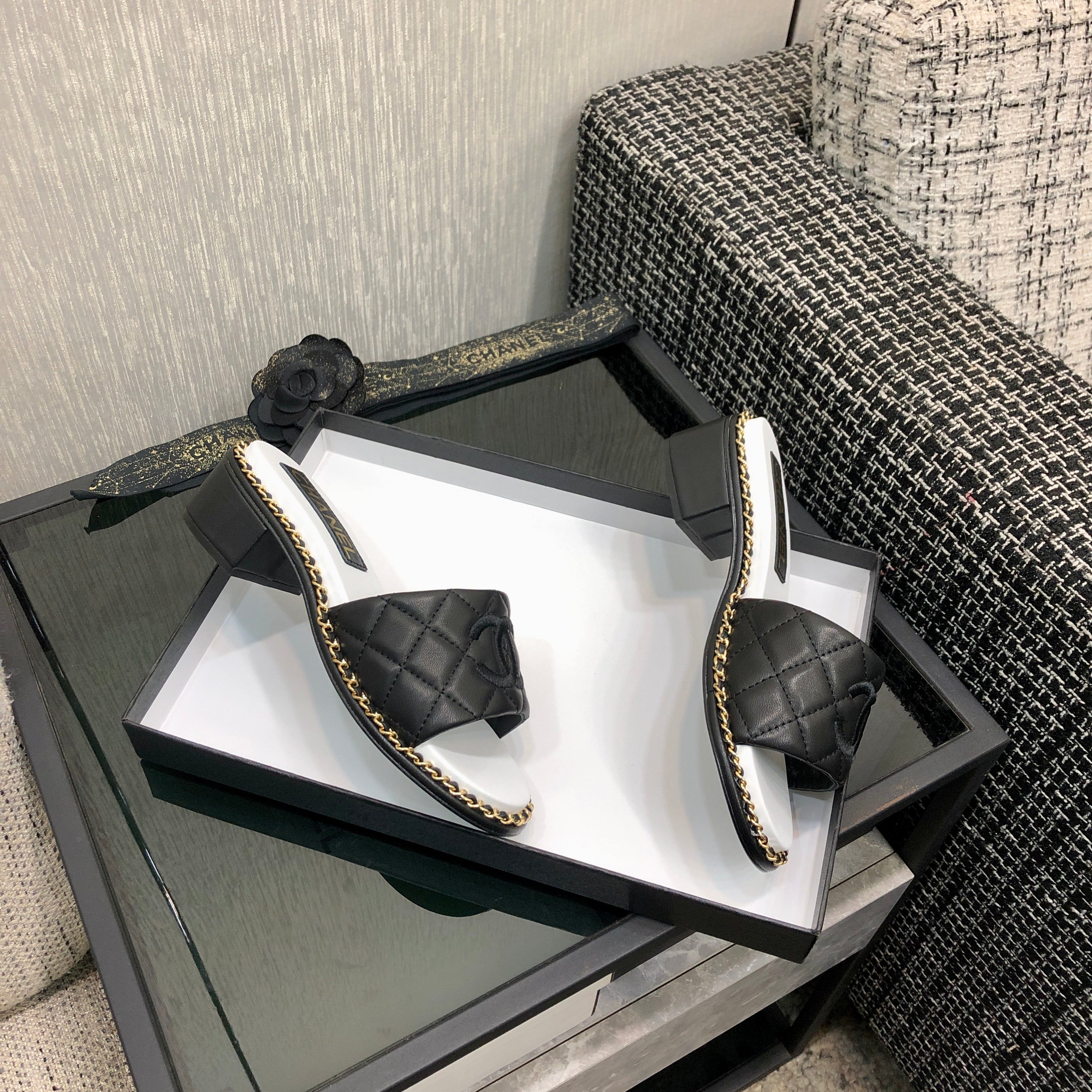 CC 25P Chain High-Heel Sandals Black Lambskin 602482