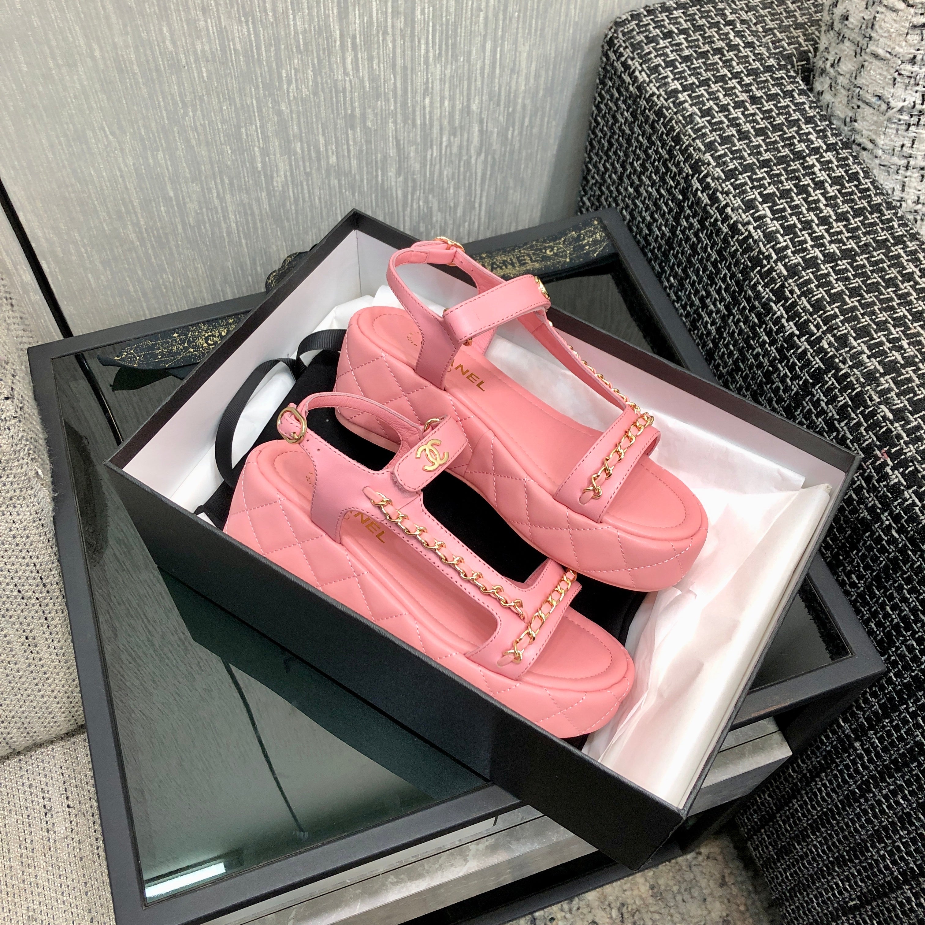 CC Platform Sandals Quilted Chain Pink Lambskin 602504