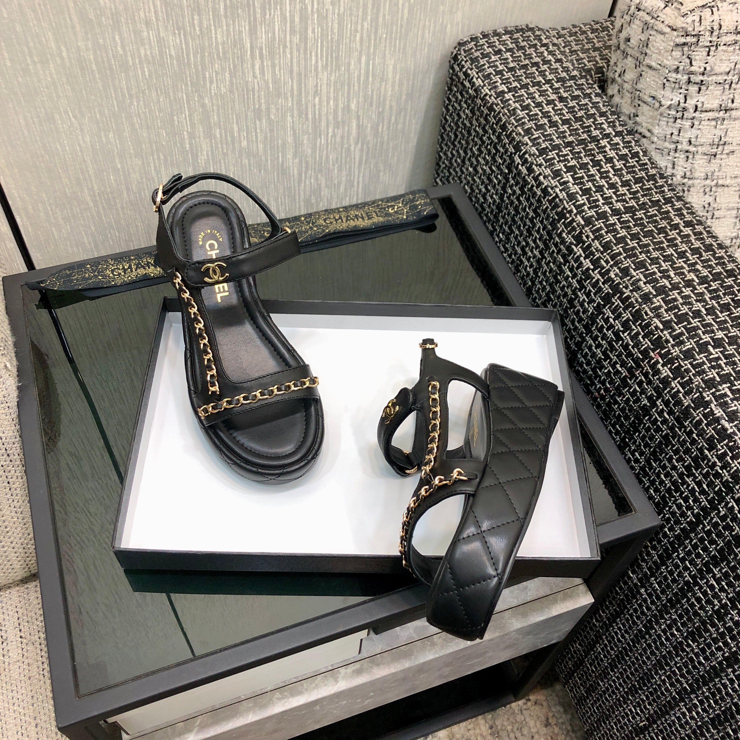 CC Platform Sandals Quilted Chain Black Lambskin 602503