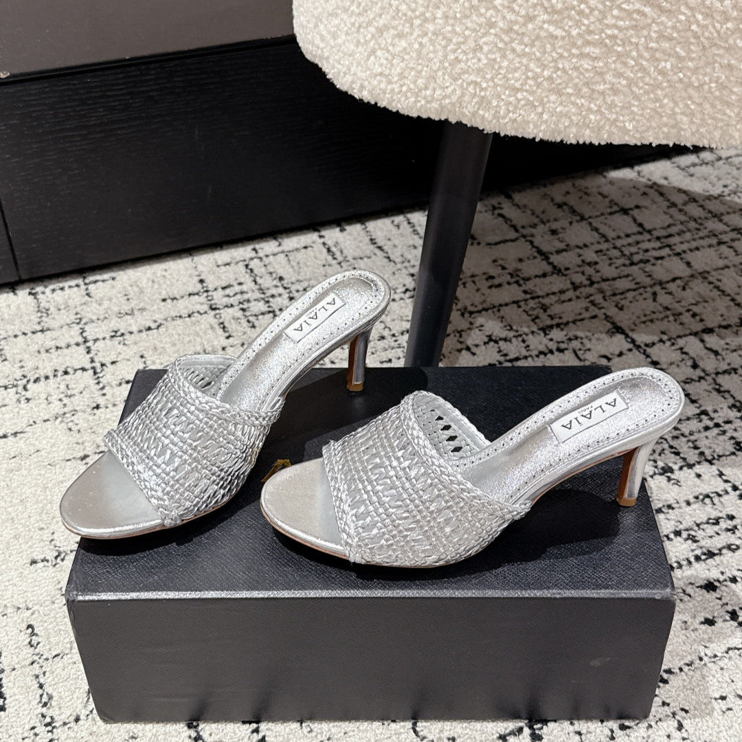 ALAIA Muller high-heeled metallic sliver woven leather