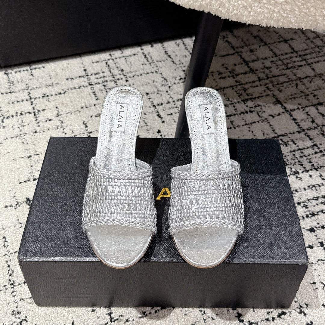 ALAIA Muller high-heeled metallic sliver woven leather