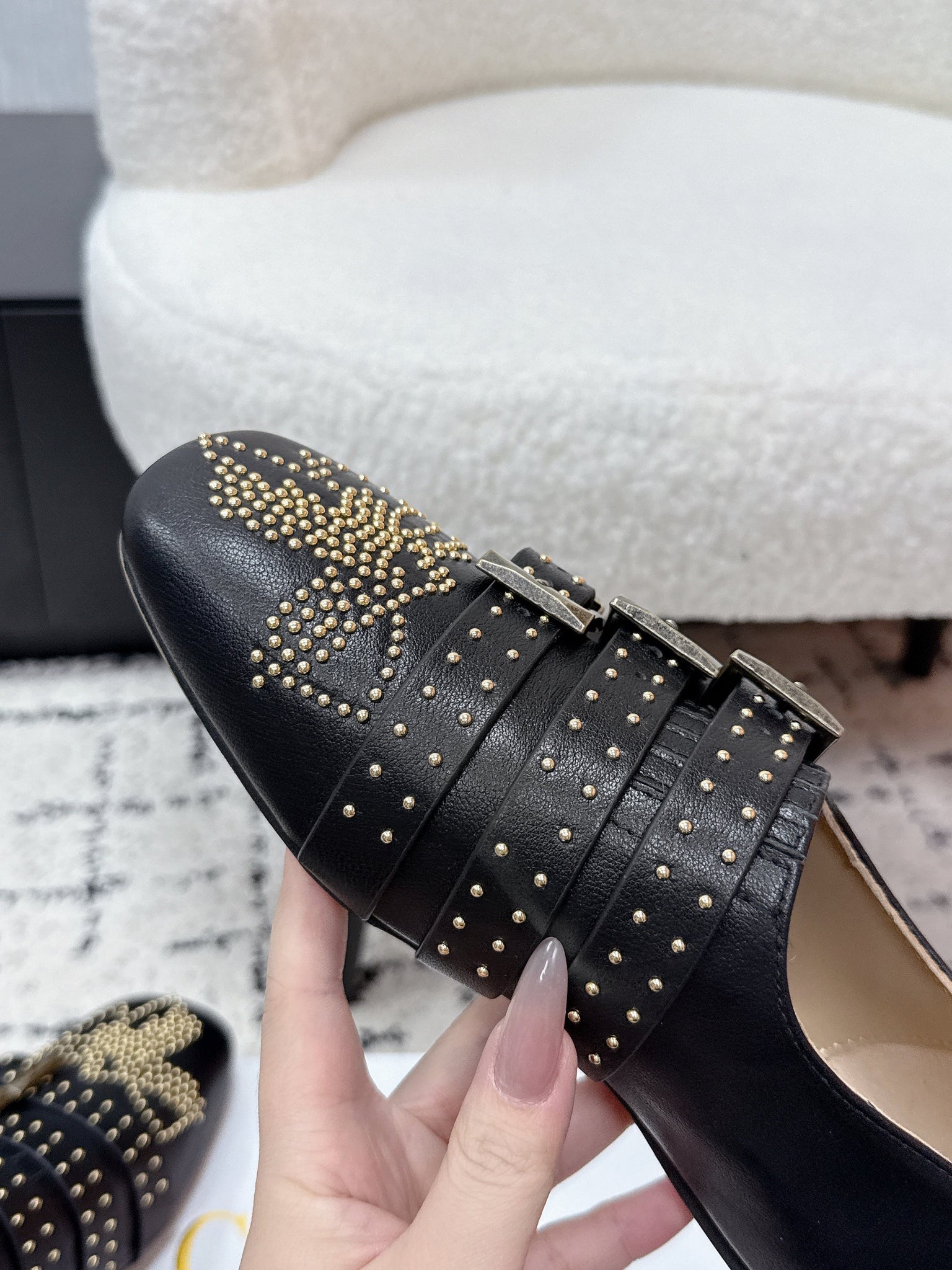 Chloé 26S Flat Shoes in Black Calfskin with Metal Studs