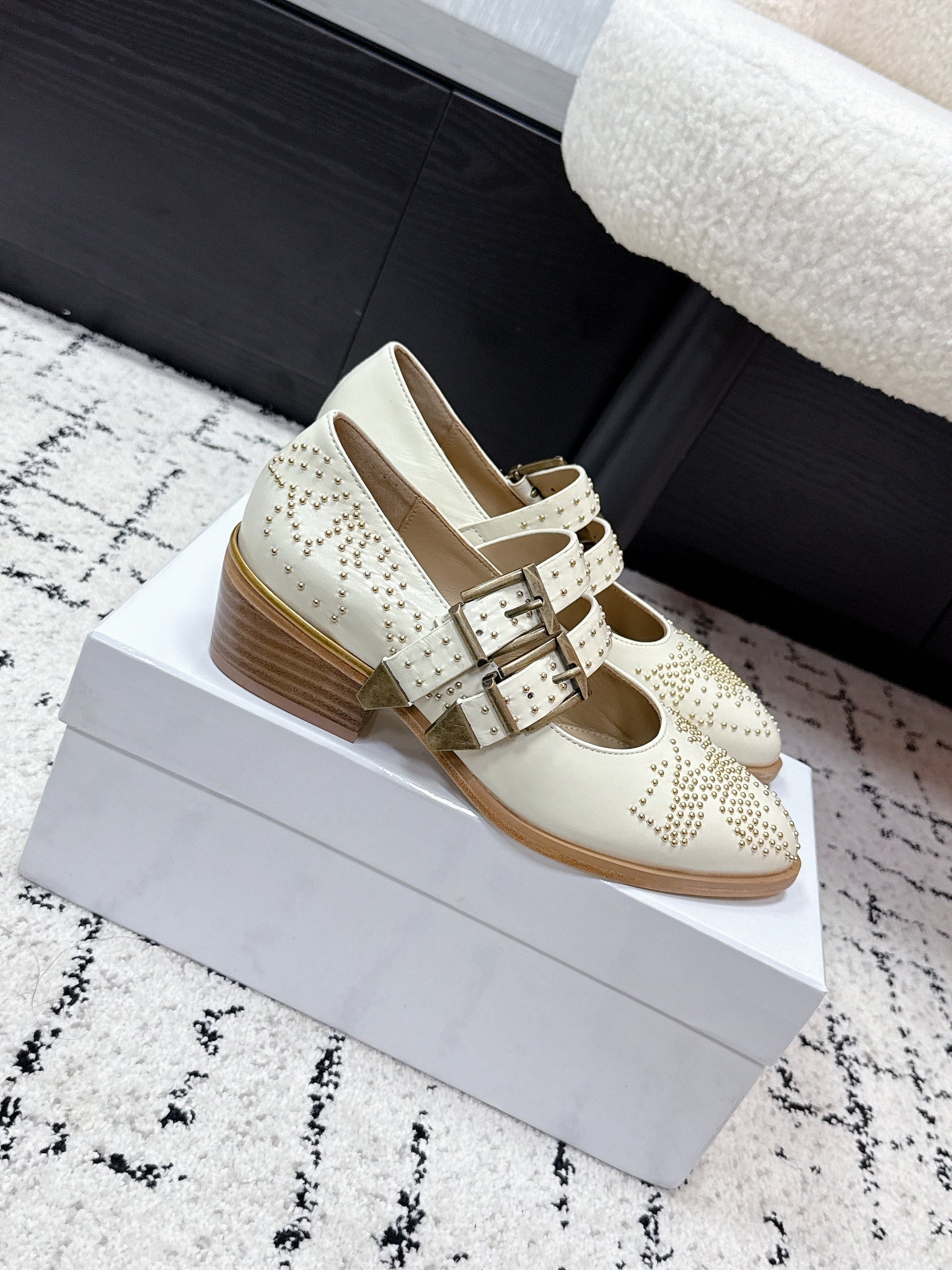 Chloé 26S Metal Stud Shoes in Black Calfskin