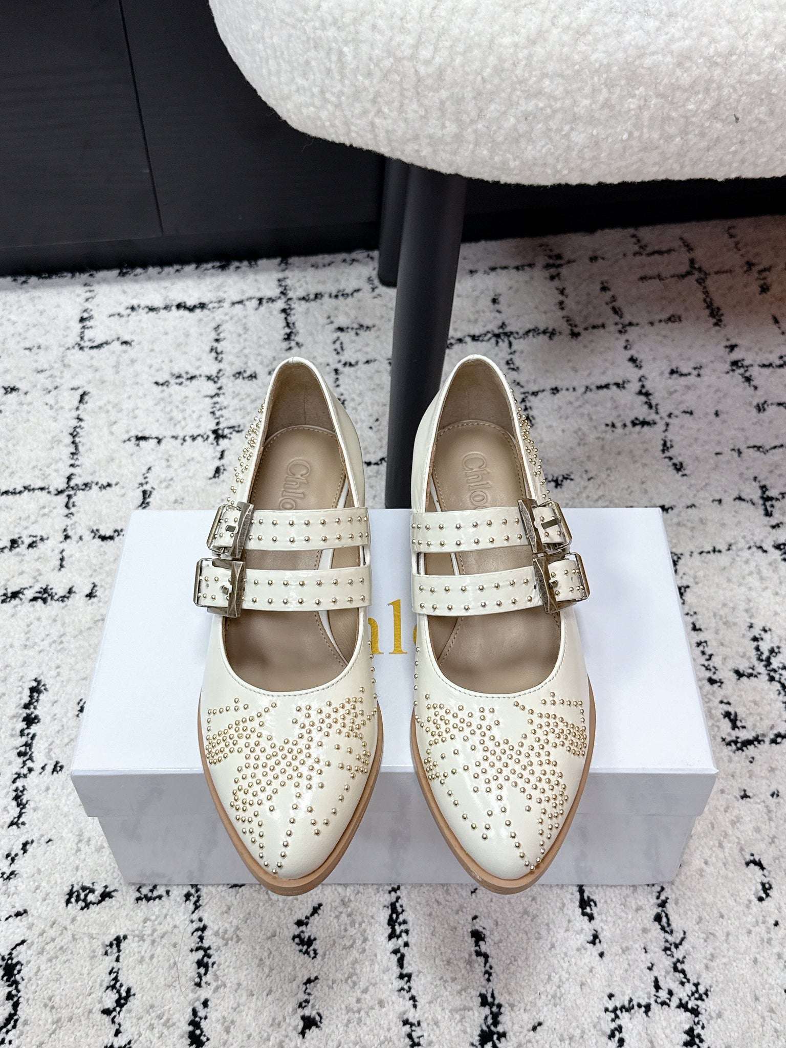Chloé 26S Metal Stud Shoes in Black Calfskin