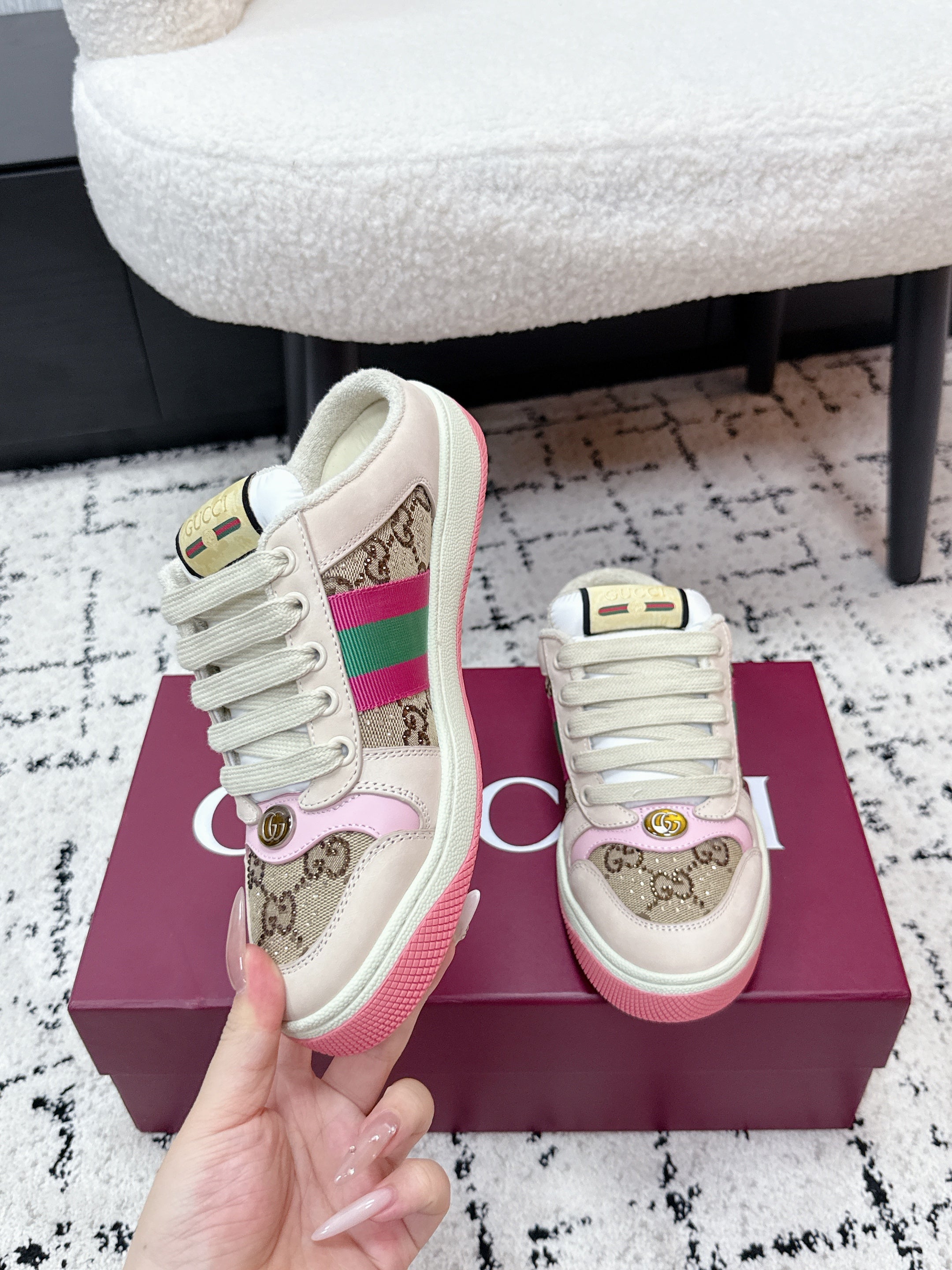 GG Screener Sneaker White Pink Mesh Leather 769553