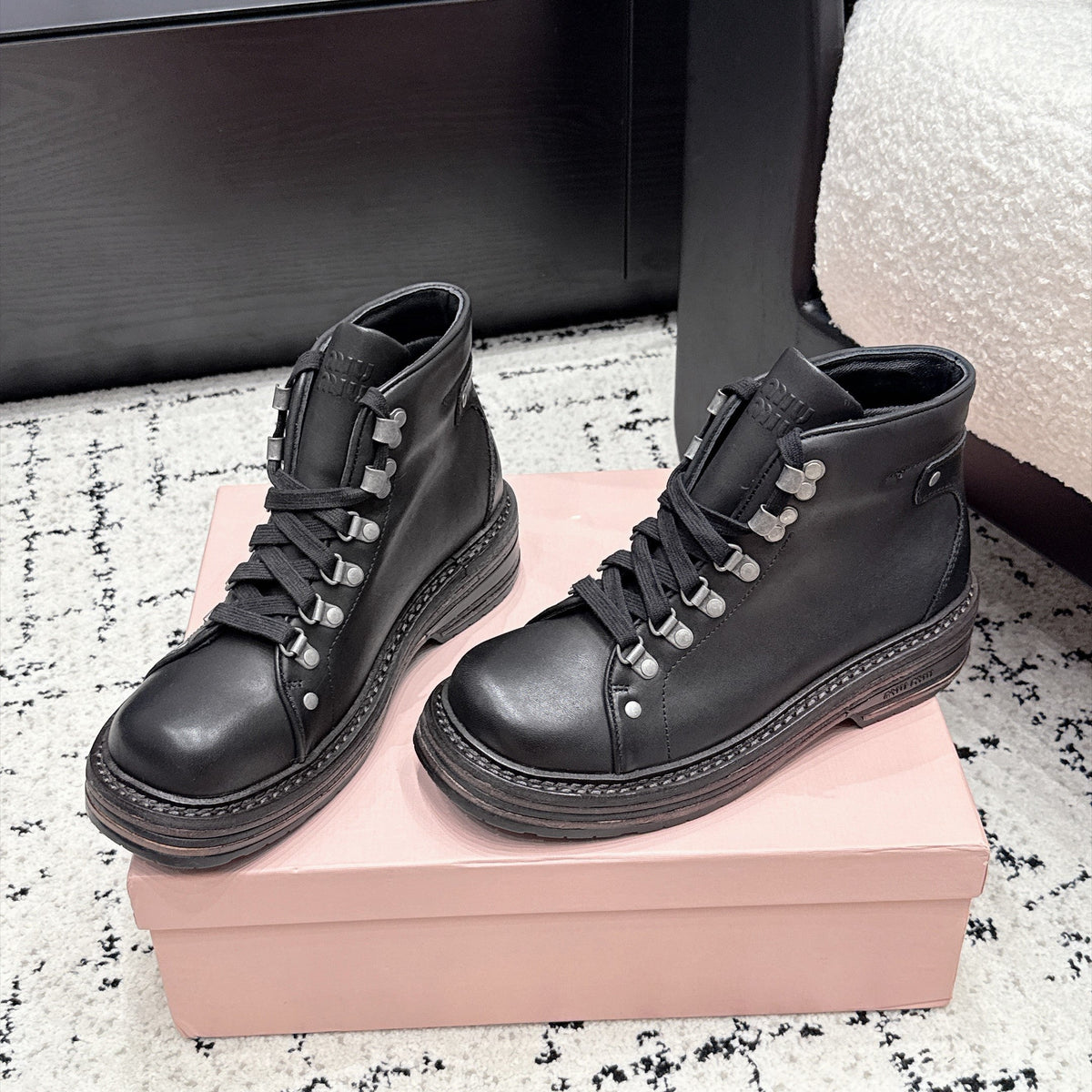 Miu Miu 26s Lace-up Boots Black Leather 139179