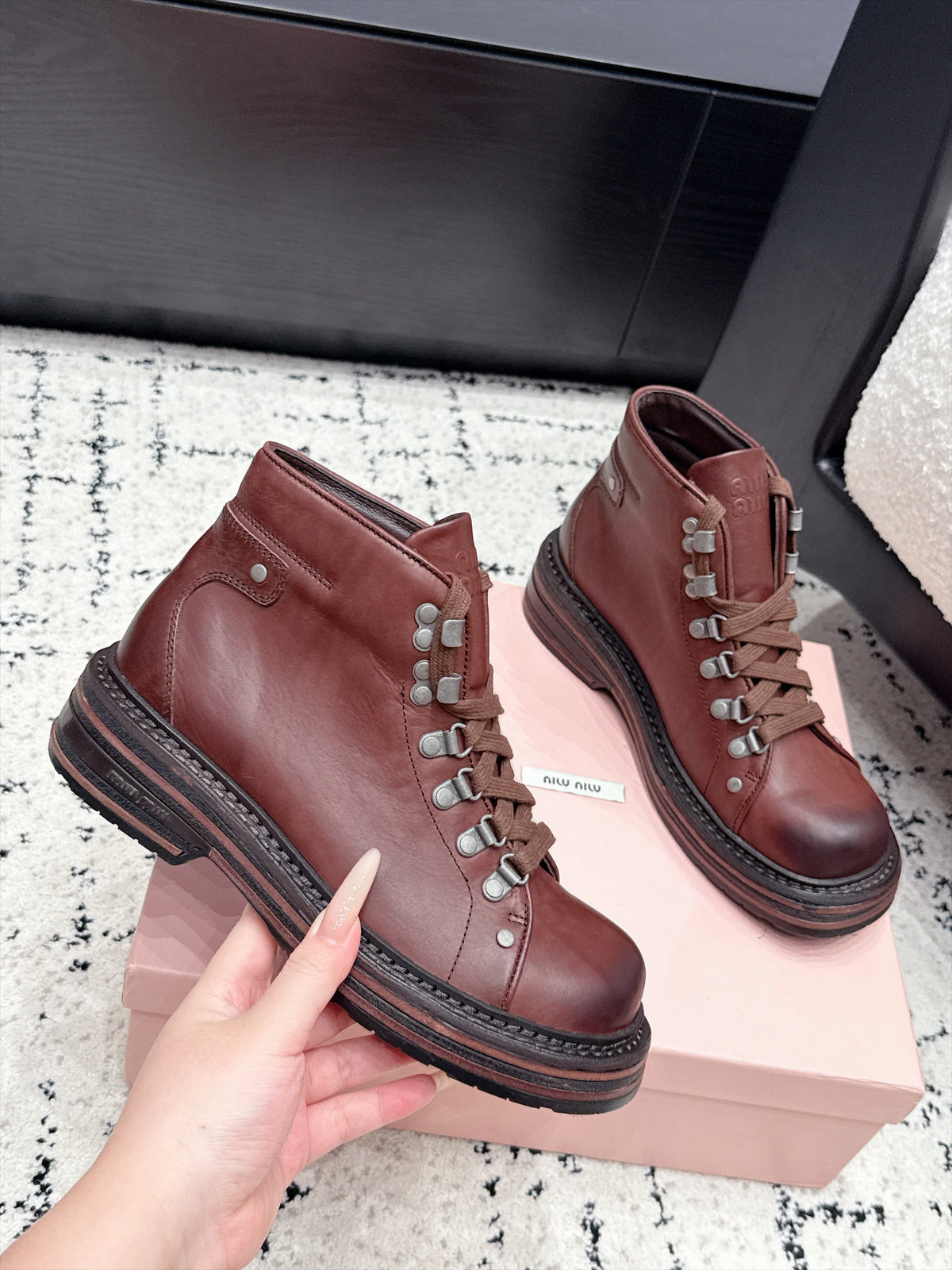 Miu Miu 26s Lace-up Boots Caffe Leather 139180
