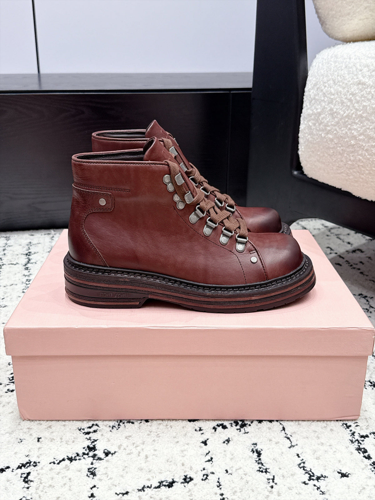 Miu Miu 26s Lace-up Boots Caffe Leather 139180