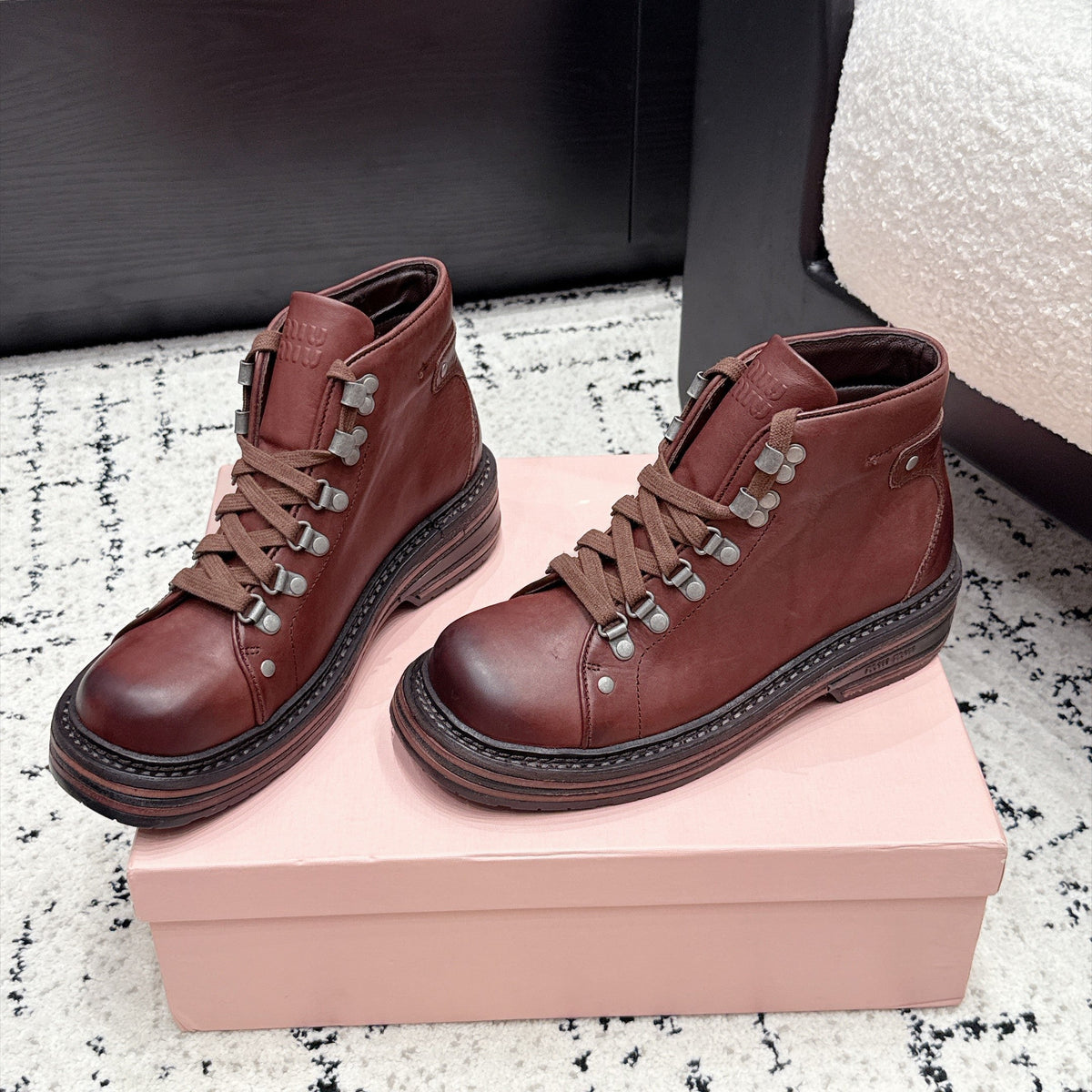 Miu Miu 26s Lace-up Boots Caffe Leather 139180