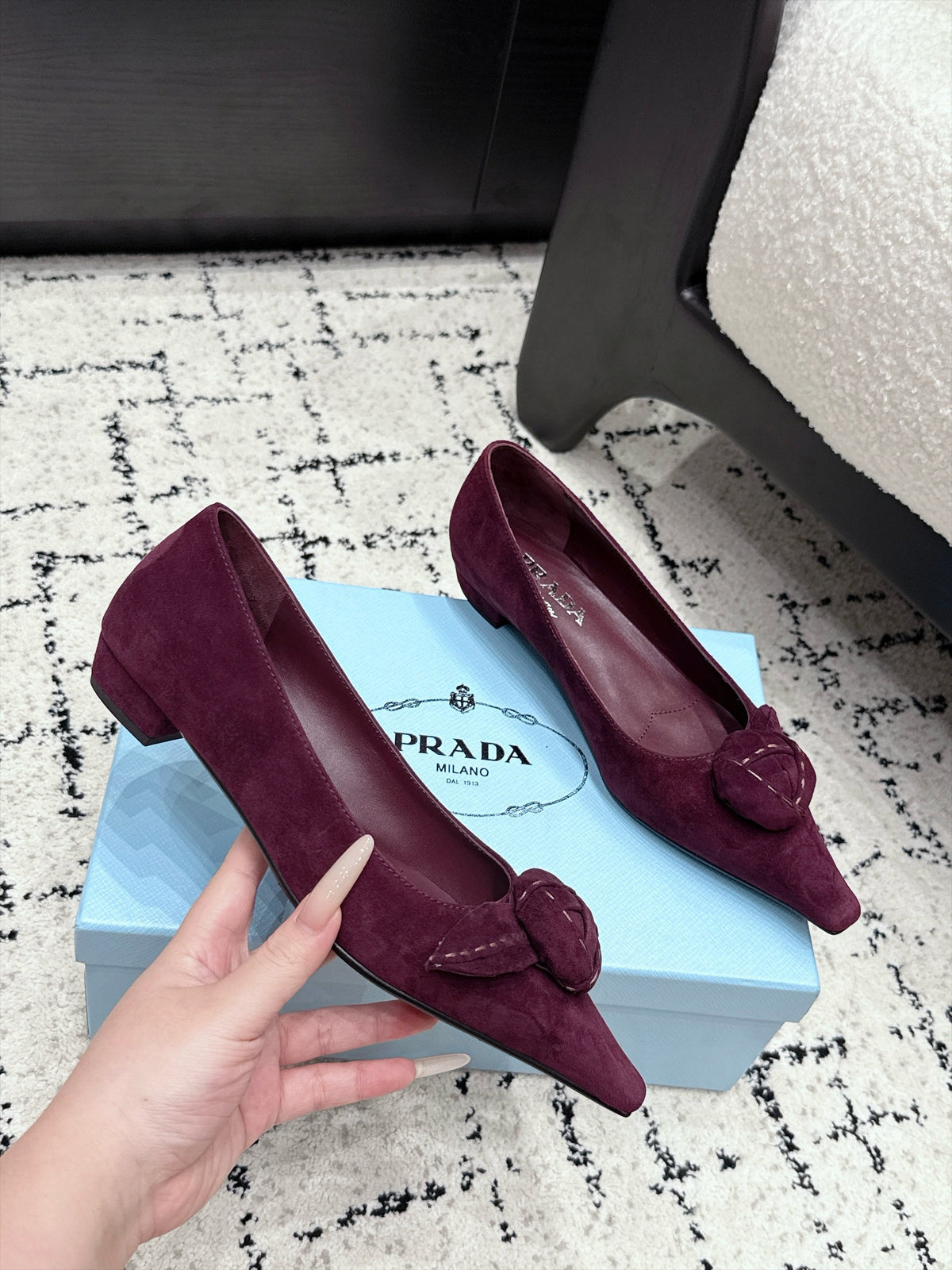 Prada Floral Detail Flats Burgundy Suede 120977